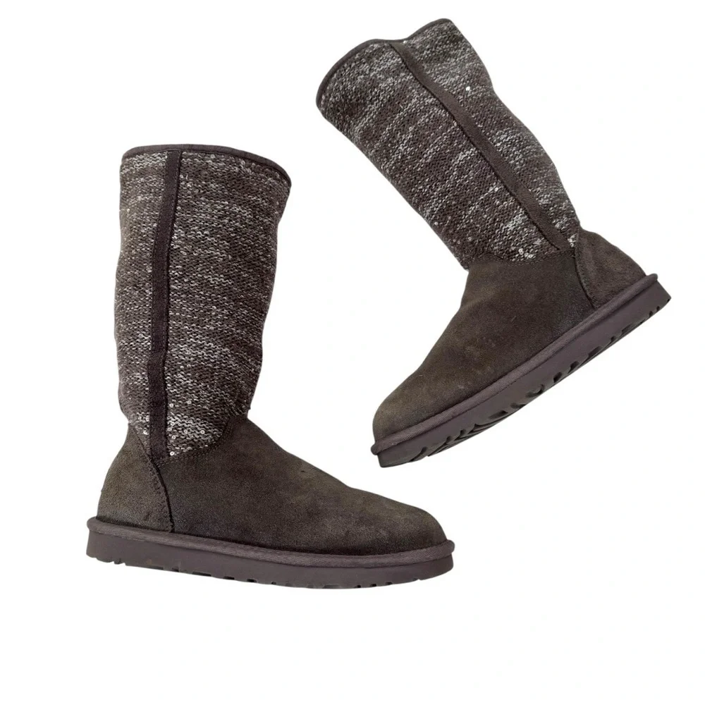 UGG Australia Camaya Leather Suede Sweater Boot Sequins Mid-Calf Gray Size 7